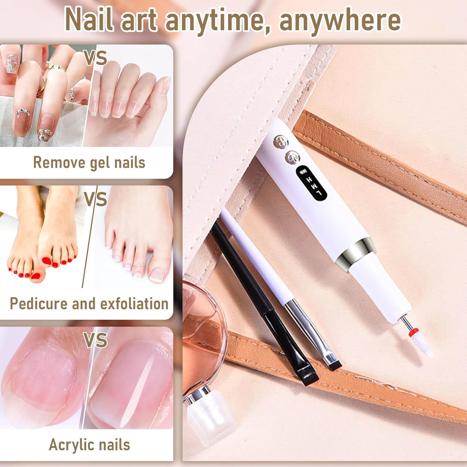 Aorsher Rechargeable Cordless Electric Nail Drill Kit, Professional Electric Nail File for Acrylic Gel Dip Powder Nails, 3 Speeds 15000RPM, Portable Manicure Pedicure Tool