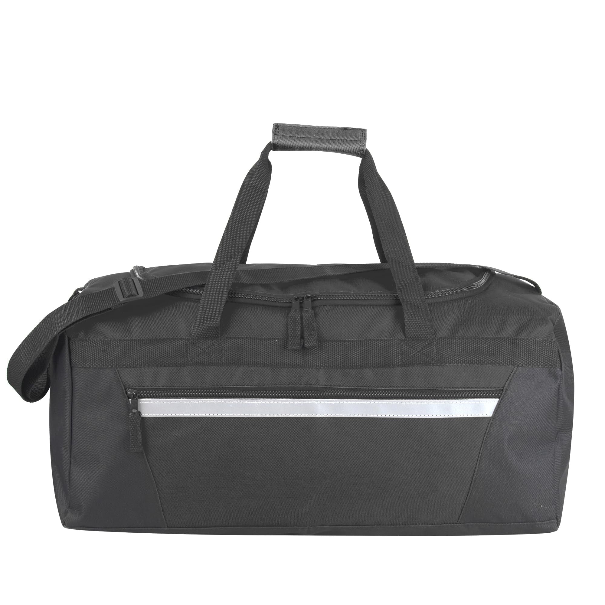 24 Pack of Bulk Wholesale 40 Liter 22 Inch Duffle Bags with Reflective Stripe, Front Accessory Pocket, Velcro Handles and Luggage Strap for Sports, Gym & Traveling in Black