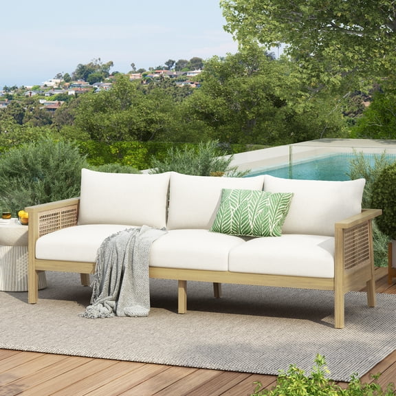 Christopher Knight Home 78" Scandinavian Outdoor 3-Seater Sofa, Acacia Wood Frame, Cream Cushion