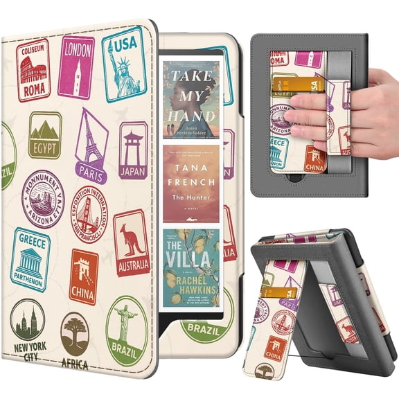 Stand Case for Kindle Paperwhite 12th Generation 2024 / Kindle Colorsoft Signature Edition with Hand Strap & Card Slot - 7" PU Leather Protective Folio Cover with Auto Wake/Sleep, World Stamp