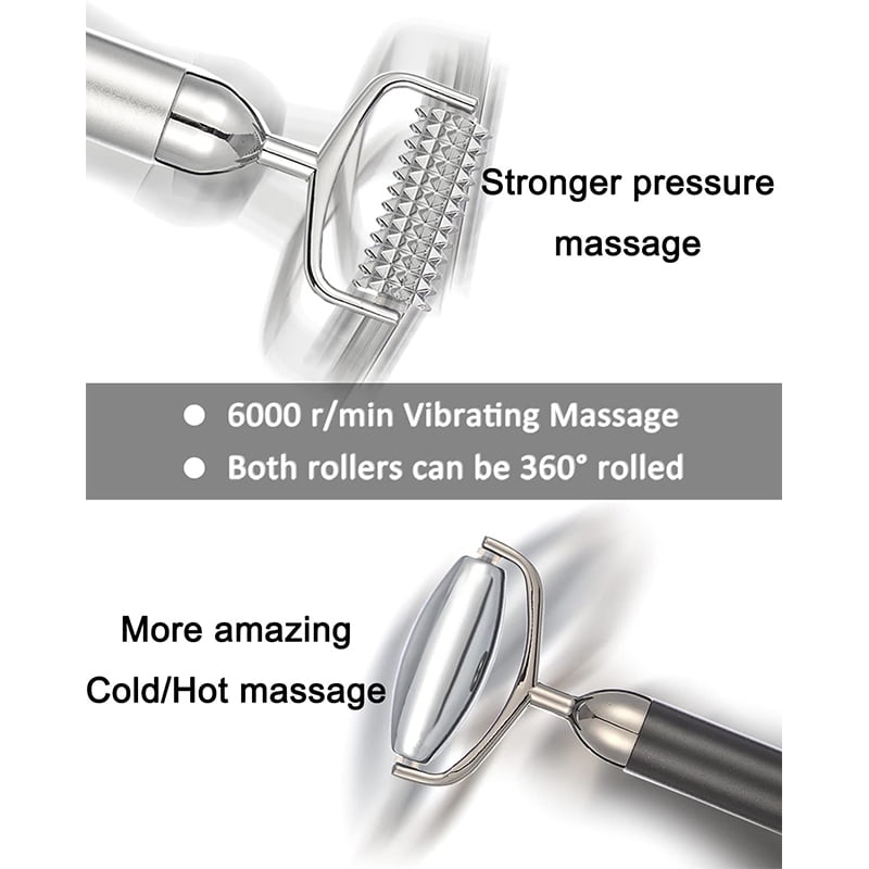 2-in-1 Electric Facial Roller Massager, Hot & Cold Terahertz Stone Face Roller for Puffiness, Wrinkles, and Skin Tightening, Vibrating Eye and Face Massage Tool (Silver)