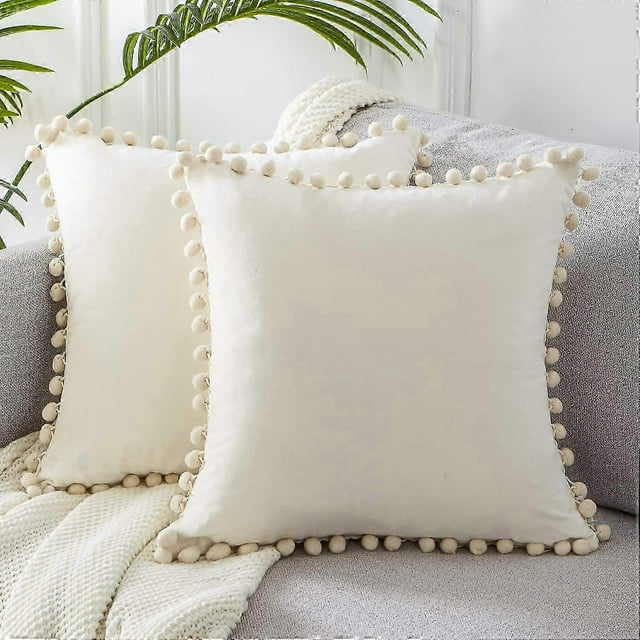 2 Pack Velvet Cover Pom Pom Cushion Cover Large Square Decorative Solid Color Design Throw Pillow Covers 20x20 Inches For Sofa Bed Living Room With Co