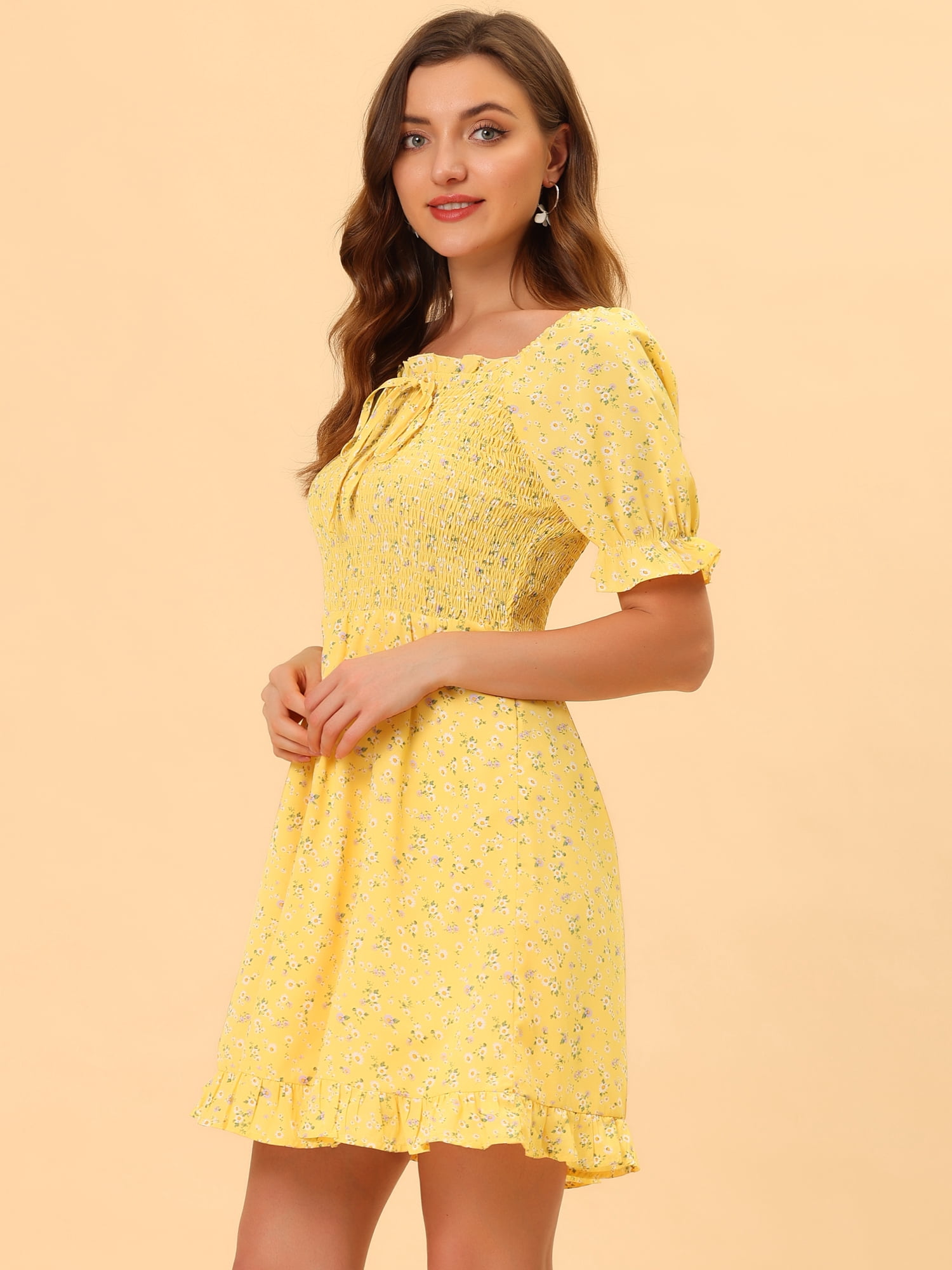 DARING DIVA Puff Sleeve Back Smocked Sweetheart Neck Ruffled Hem Dress L Yellow