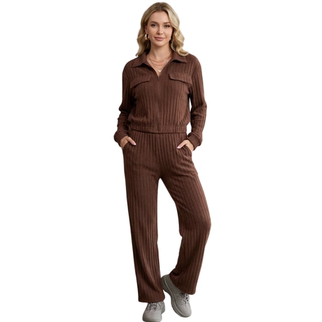 Conjunto Mujer 2 Piezas Tejido Acanalado Blusa Manga Larga con Cierre y Pants Rectos para Muje