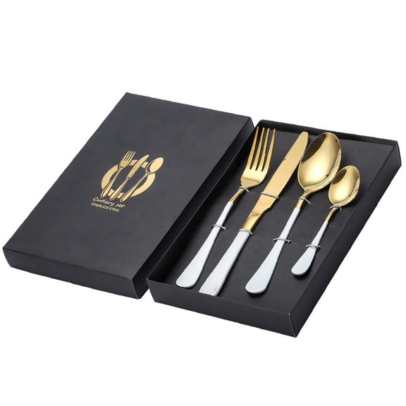 4-Piece Gold Silverware Set, Stainless Steel Flatware white Handle Cutlery Set for Dinner Knives Forks Spoons Set