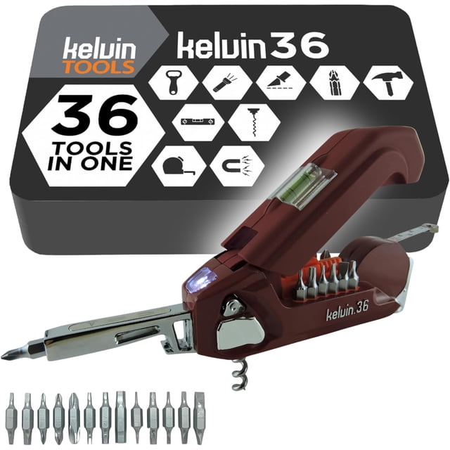 Kelvin Tools - Kelvin 36 Urban Multi Tool Screwdriver Set - All in One Hand Tool With 26 Interchangeable Bits, Tape Measure, Liquid Level, Hammer, Flashlight, Corkscrew and Magnetic Tip