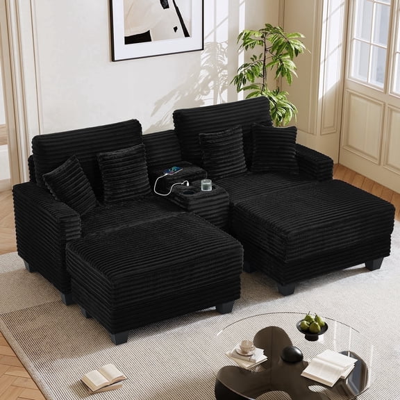 Wiilayok Convertible Modular Cloud Sofa,U Shaped Sectional Sofa Couch Set with Ottoman,Central Console,Cup Holder, Adjustable Backrest for Living Room,Black