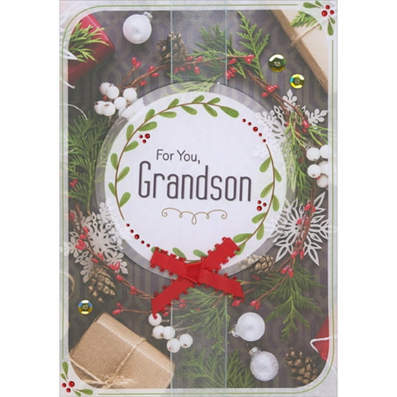 Designer Greetings Circular 3D Banner with Red Ribbon Over White Ribbon and Pine Branch Wreath Photo Hand Decorated Christmas Card for Grandson