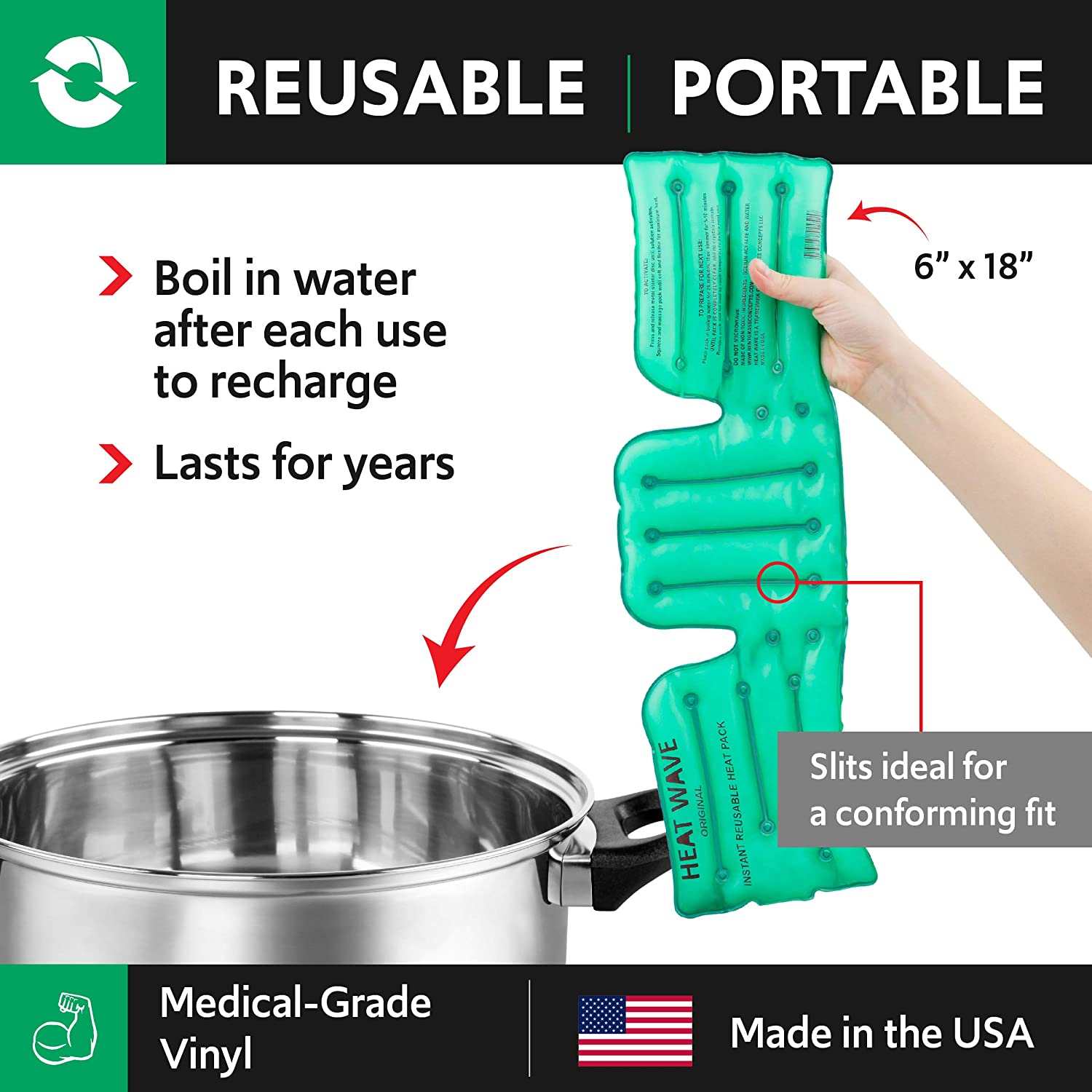 Heat Wave Instant Reusable Heat Pack 6"x18" Extra Large Green for Shoulders Back & Neck. Click Heat MADE in USA