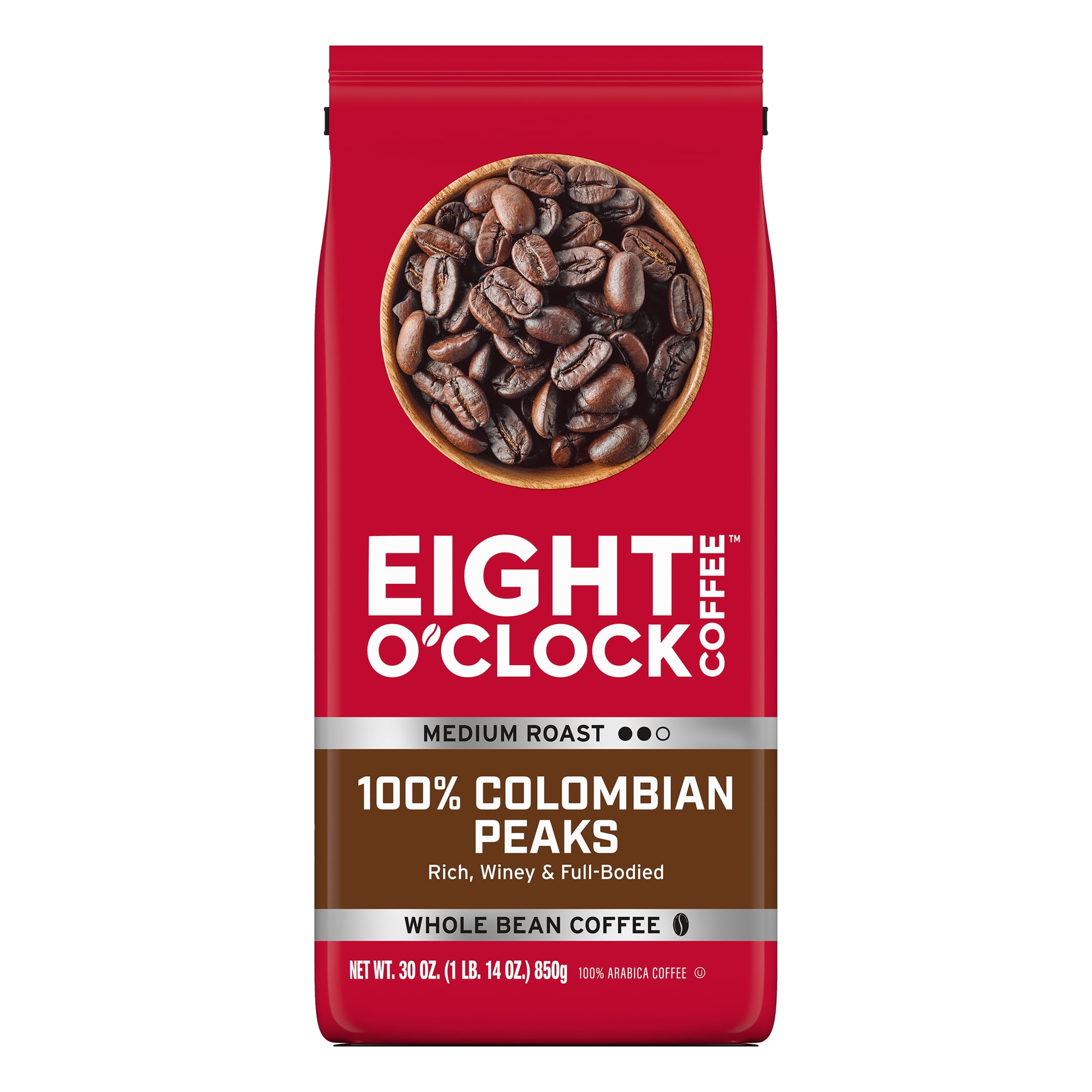 (4 pack) Eight O'Clock Coffee Medium Roast Whole Bean 100% Colombian Peaks Coffee 30 oz