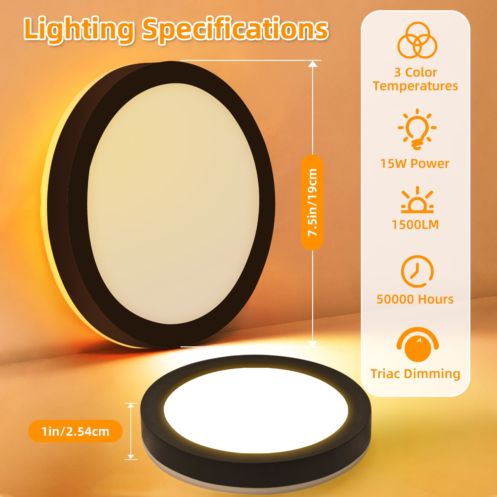 Hlite 7.5" Dimmable LED Ceiling Light with Night Light, 15W, 1500 LM, 3CCT Flat Round Flush Mount Lighting Fixtures for Bedroom,Hallway,Black,2Pack
