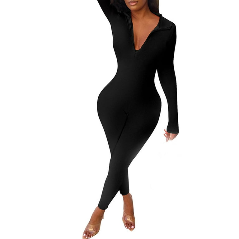 Bodysuit For Women Casual Tummy Control Solid Color Tight Zipper Jumpsuits  For Women Casual Summer Black M 