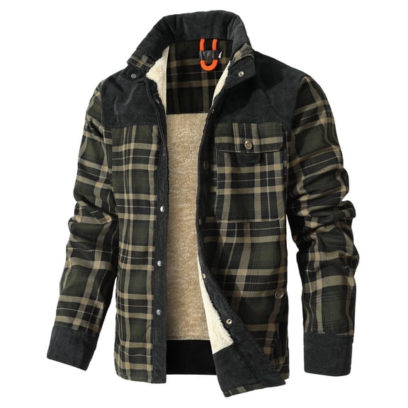 Fexilor Men's Corduroy Plaid Sherpa Lined Flannel Shirt Jacket Fleece Coat,Size S-3XL