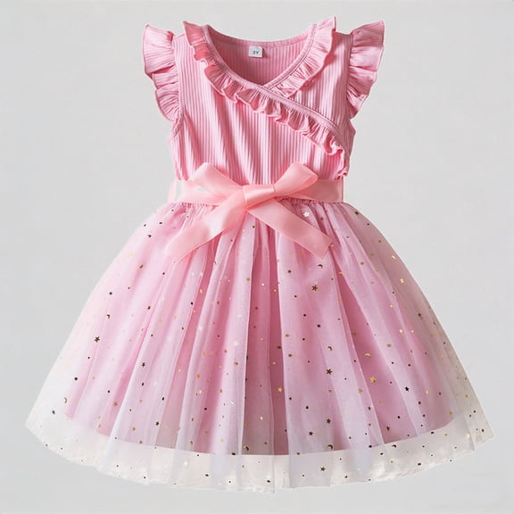 REDARER Toddler Girls' Flutter Sleeve Gradient Tulle Dress with Bowknot, Glitter Star Print Mesh Party Dress for Kids,2-3 Years
