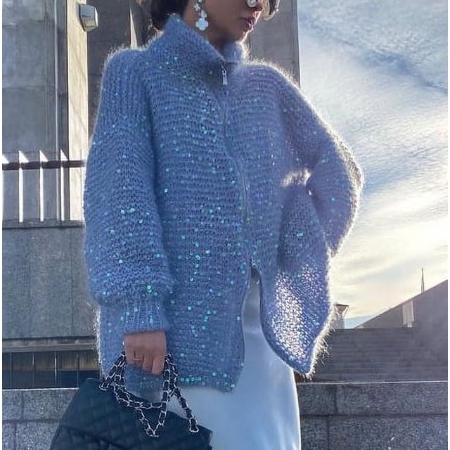 Chaqueta tipo suéter con cuello en V y lentejuelas estilo Chanel, holgada, de alta gama y elegante, para otoño e invierno, para mujer, con mangas largas