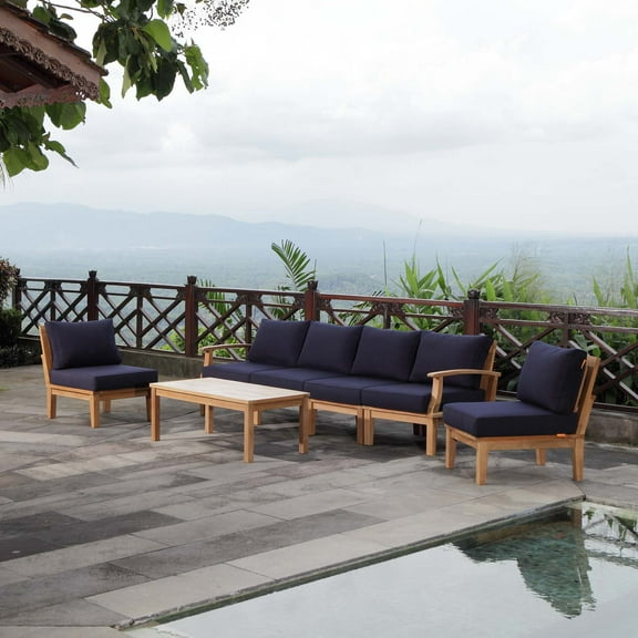 Modway Marina 7 Piece Outdoor Patio Teak Set in Natural Navy