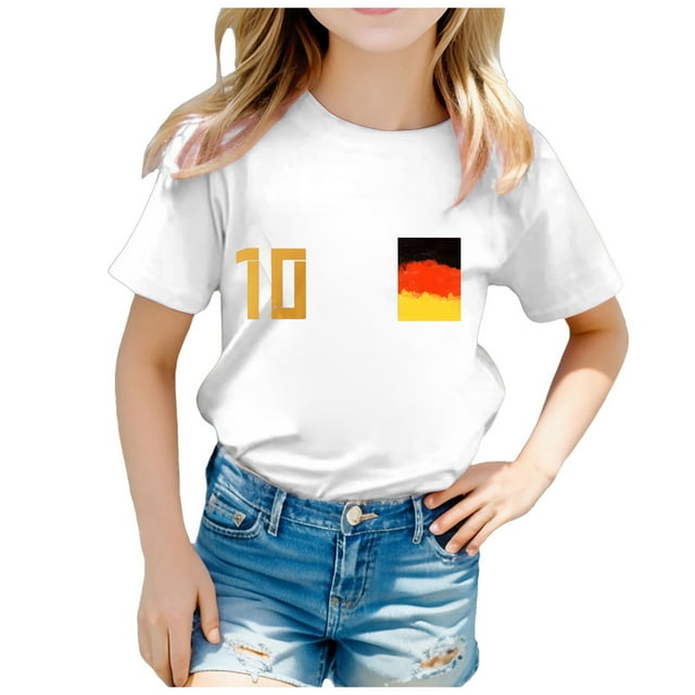 LUOGENLI T-Shirt pour Filles 2025 Coupe d'Europe pour Enfants Mode Équipe Imprimé Manches Courtes Col Rond Haut T-Shirt 10 Maxi Hauts Ensemble Blanc 6-7 Ans