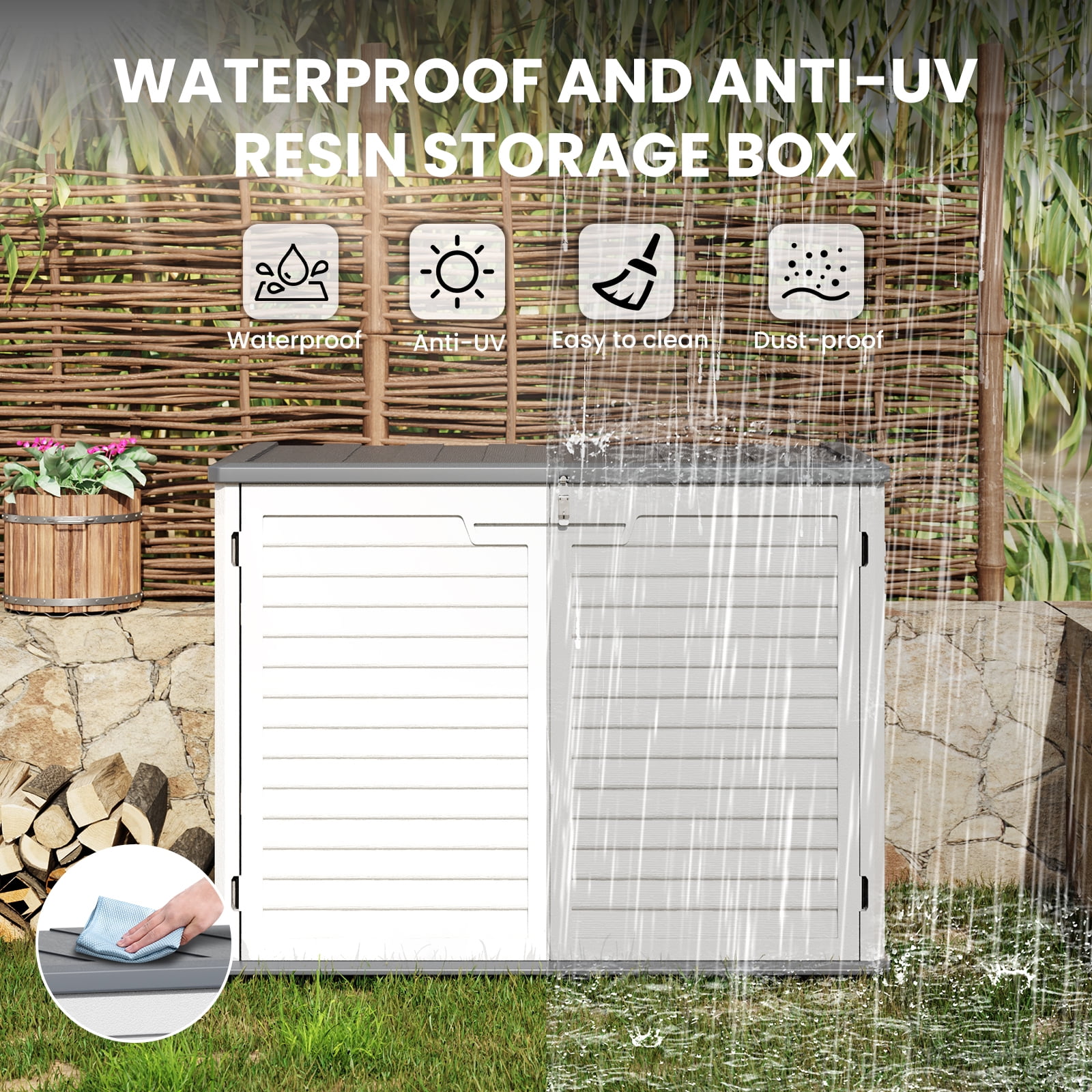 Outdoor Resin Storage Shed, 35 Cu.Ft Trash Can Storage Box with Lockable Door, Horizontal Outdoor Storage Cabinet for Garbage Cans, Garden Tools