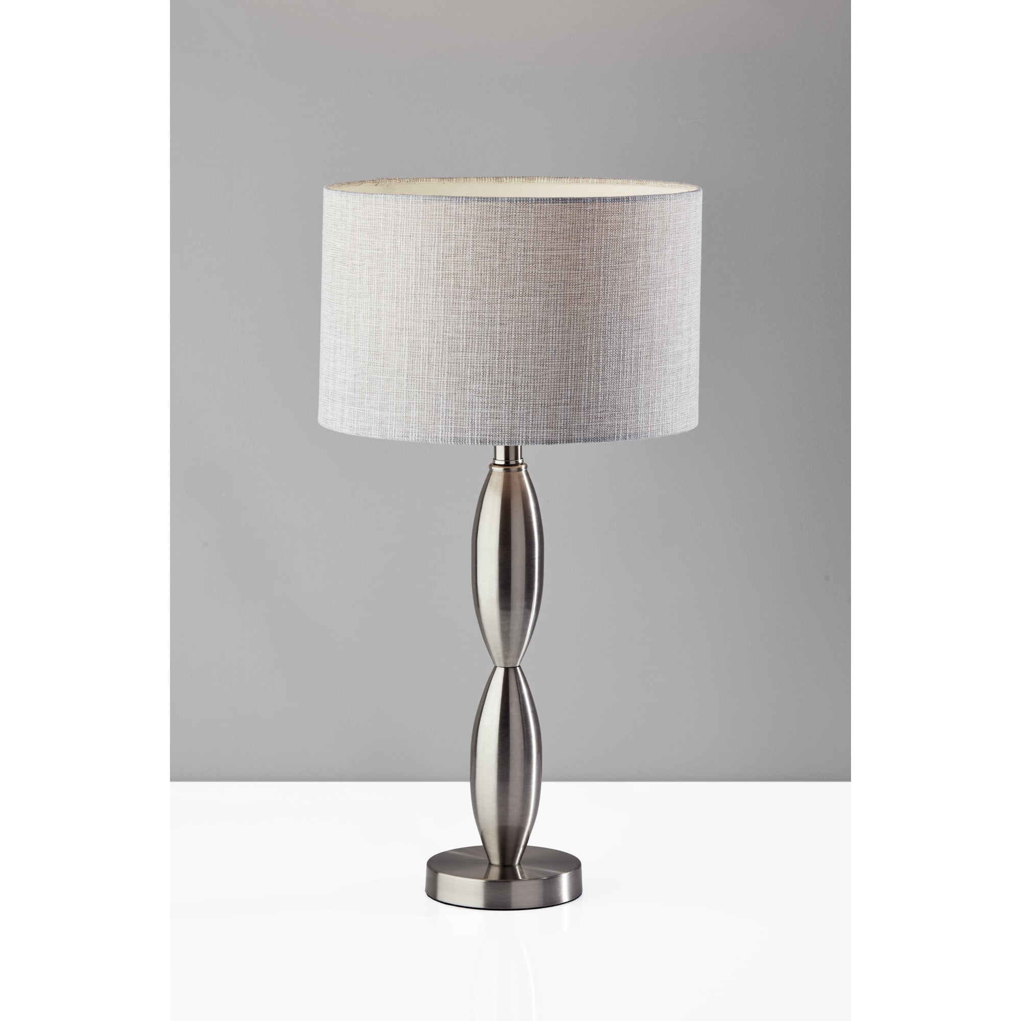 Adesso Lance Table Lamp, Brushed Steel, Light Grey and White Textured Fabric Shade