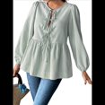 thumbnail image 3 of Blusa Holgada con Cuello en V y Mangas Abullonadas con Cordones para Mujer, Estilo Y2K, Ropa de Verano. Verde L, 3 of 8