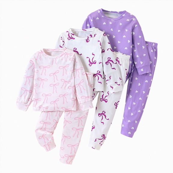 UAYOTSE Little Girls 3‑Piece Long Sleeve Loungewear Set Bow & Heart Pattern Soft Knit Tops and Elastic Waist Pants Daily Home Outfit Size 9-12 Months