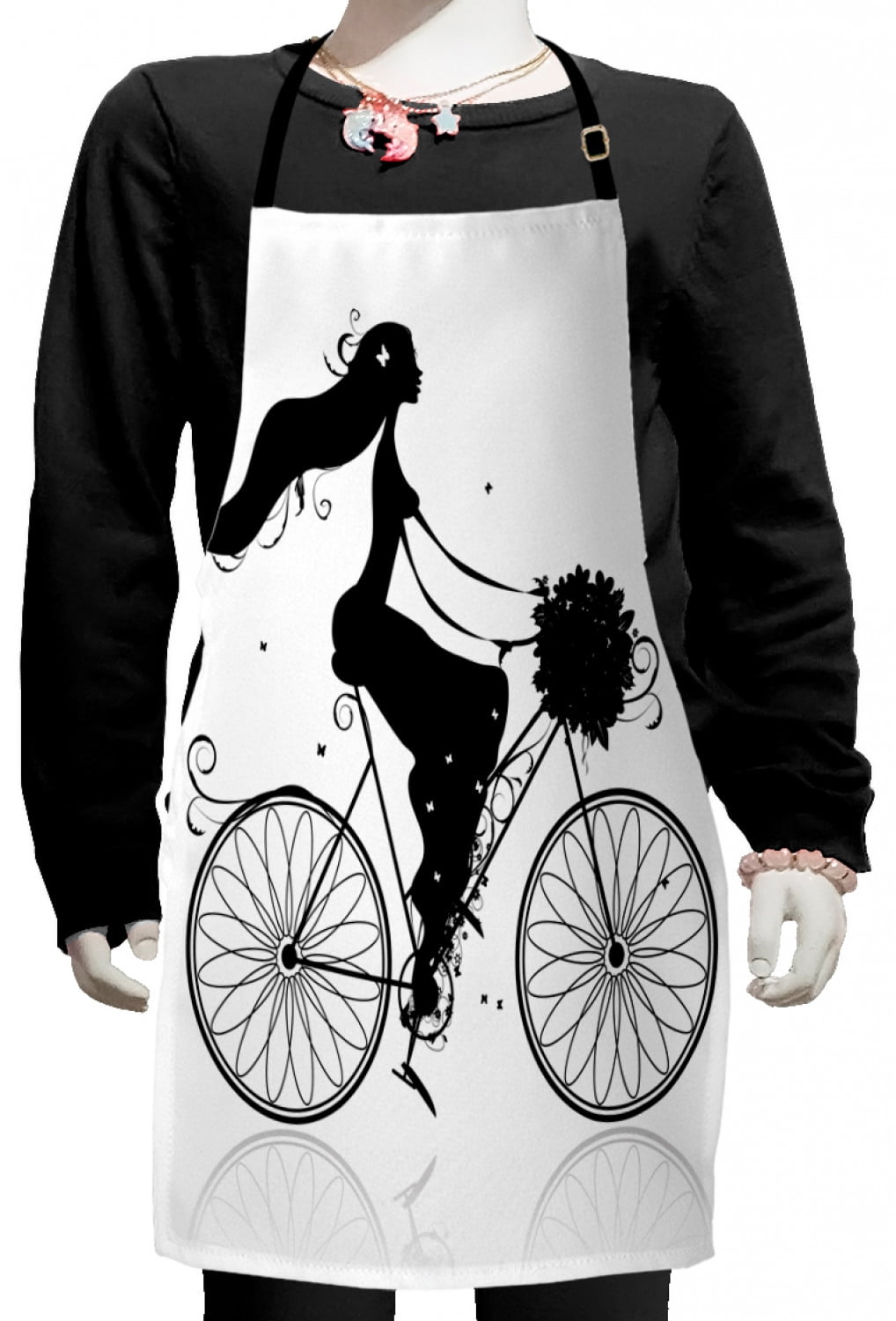 Black and White Kids Apron, Young Woman Silhouette with a Bouquet of Spring Flowers Cycling Bridal, Boys Girls Apron Bib with Adjustable Ties for Cooking Baking Painting, Black and White, by Ambesonne