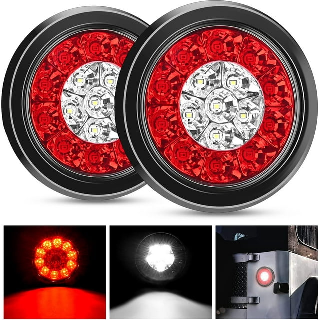 2 luces traseras LED redondas de 4 pulgadas, rojas y blancas, para remolque, 16 LED con ojales empotrados, IP67, impermeables, para freno, marcha atrás, camiones, remolques y vehículos recreativos.