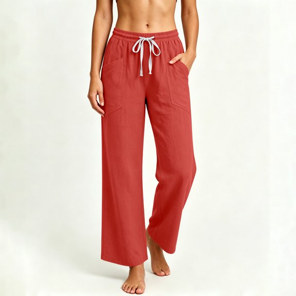 Dianli Business Casual Outfits for Women Linen Wide Leg Pants Elastic Drawstring Waist With Pockets Breathable Linen Pants for Women Summer Beach Travel and Daily Wear Red M