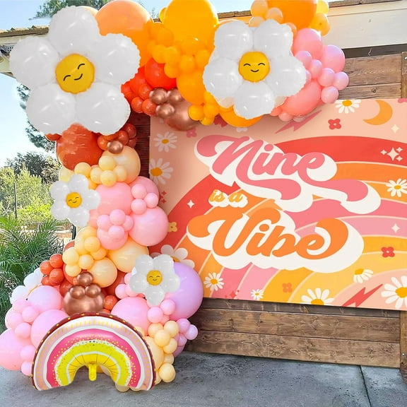 9th Birthday Party Decoration Set - "Nine is a Vibe" Themed Warm Orange Pastel Retro Background Board and Balloons