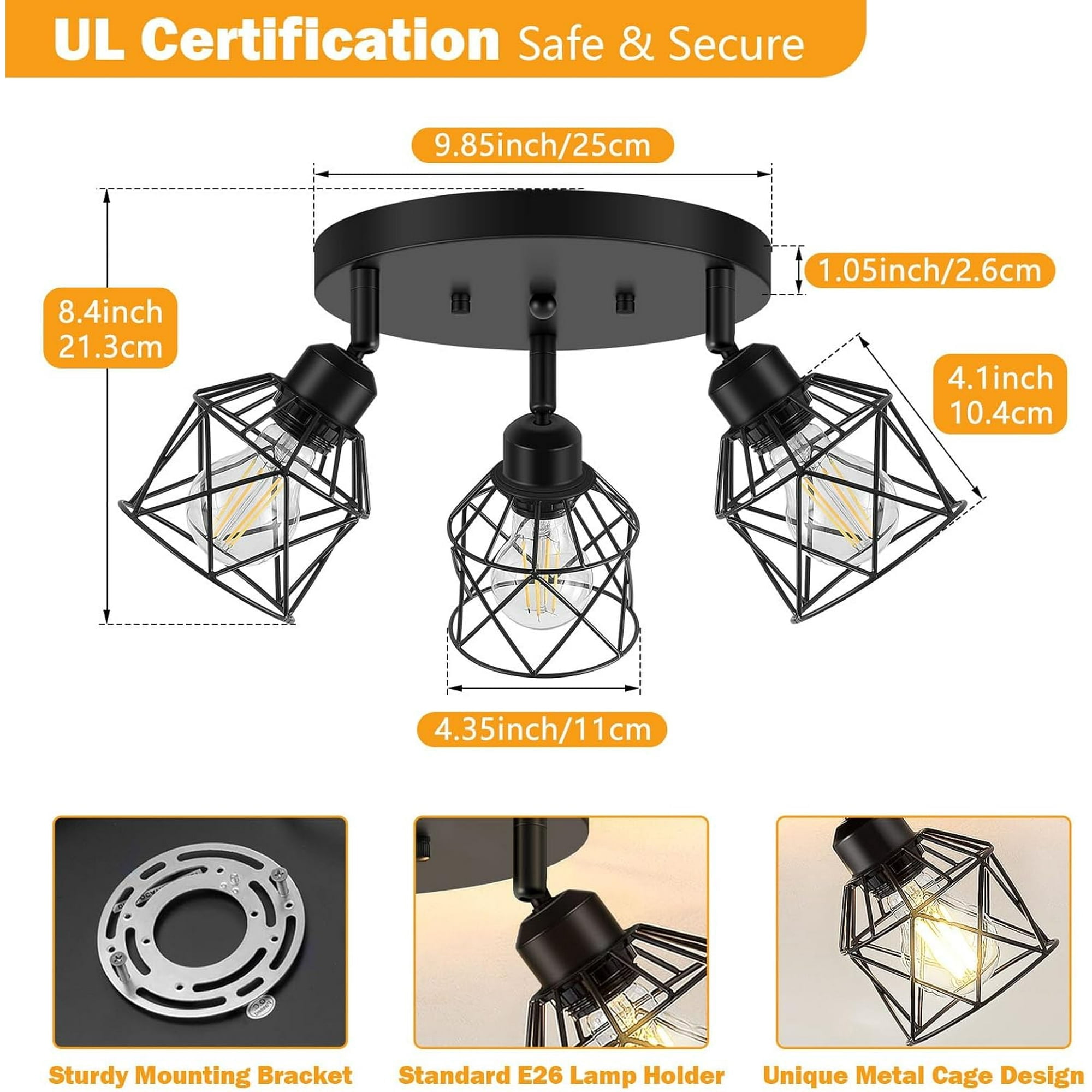 3-Light Kitchen Light Fixtures Ceiling Mount, Adjustable Multi-Directional Ceiling Fixture, Farmhouse Black Metal Cage Flush Mount