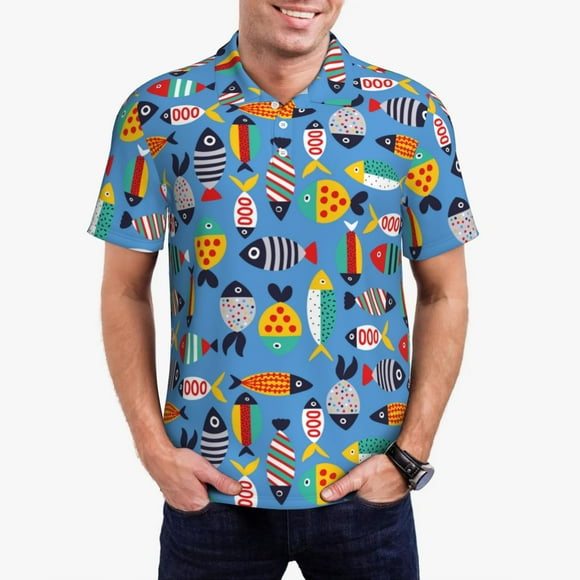 Saiise Chemise de Golf pour Hommes à Imprimé Poisson Plat Mignon Évacuant l'Humidité Séchage Rapide Polo Performance pour Hommes-TG