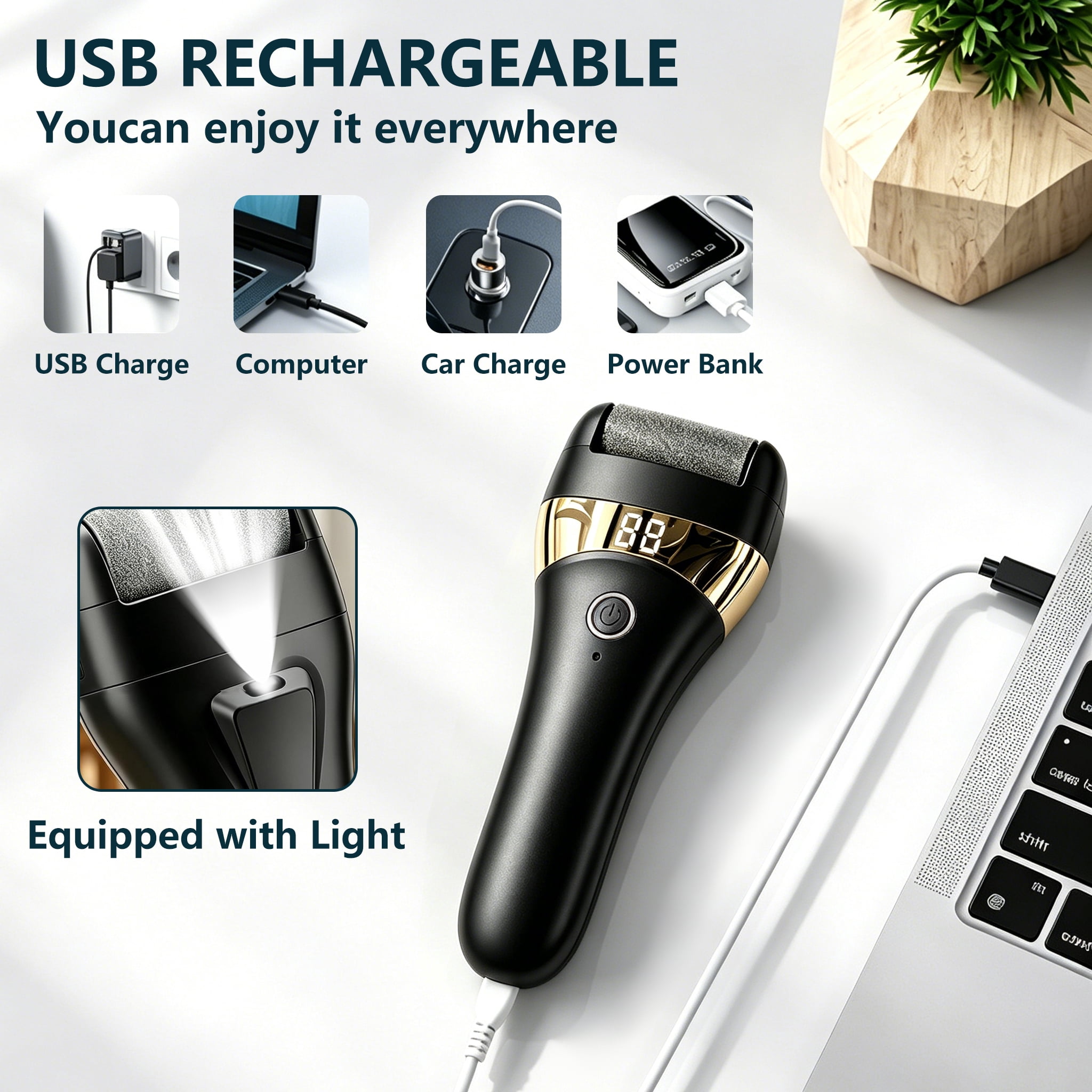 Electric Foot File USB Rechargeable Pedicure Tool for Adults, Portable Foot Grooming Device, Black
