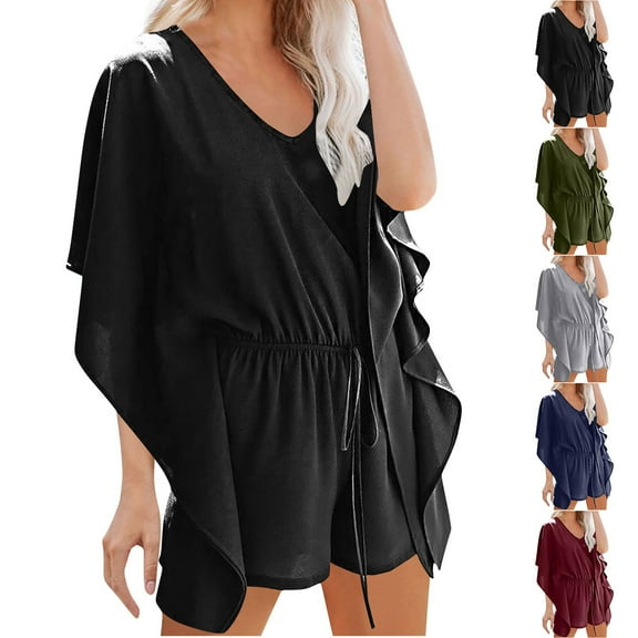 ZZwxWA Rompers for Women Dressy Chiffon Ruffle Short Sleeve Summer Romper Elegant Dressy V Neck Waisted Shorts Jumpsuits