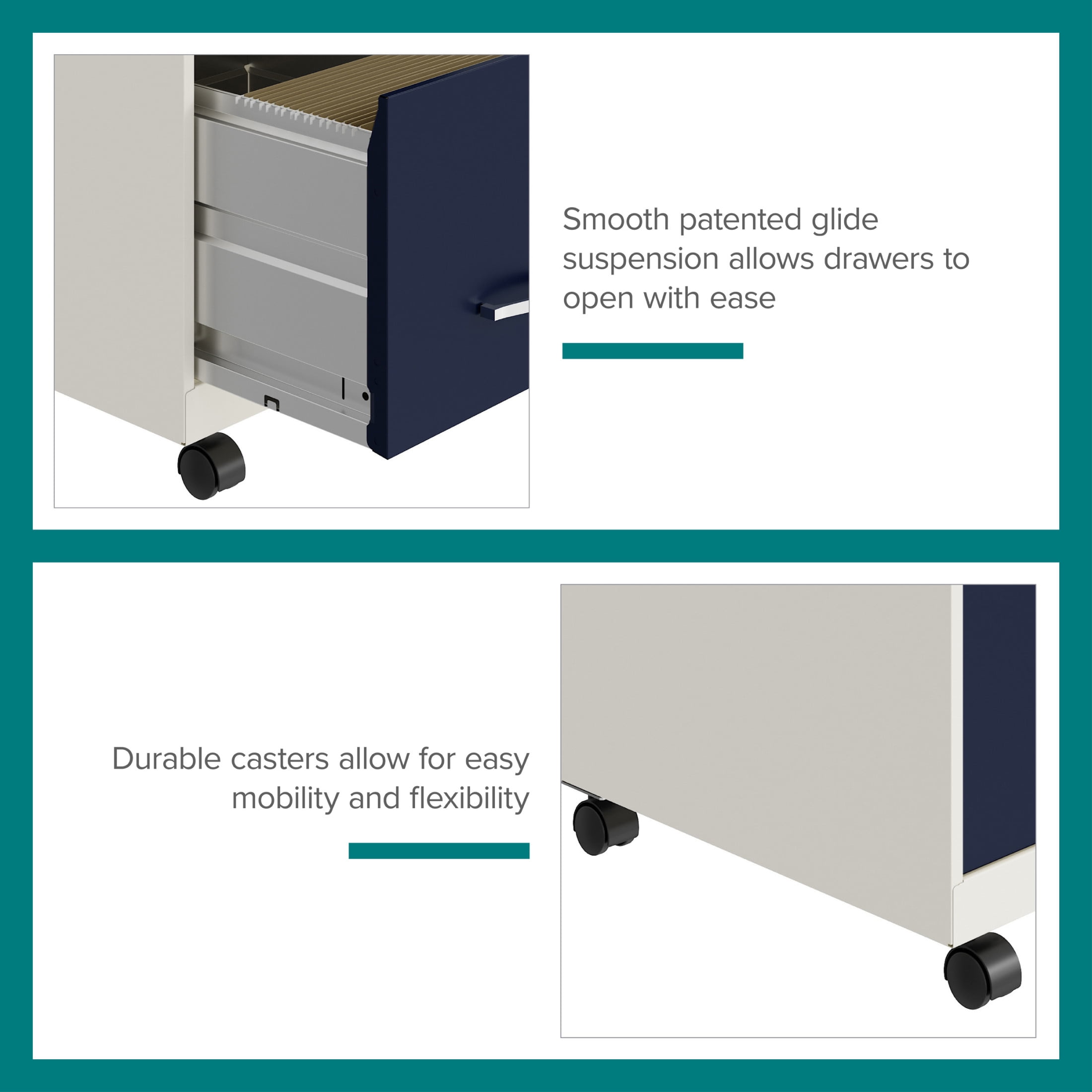 Space Solutions 18" Deep 2 Drawer Mobile Letter Width Vertical File Cabinet, White/Navy