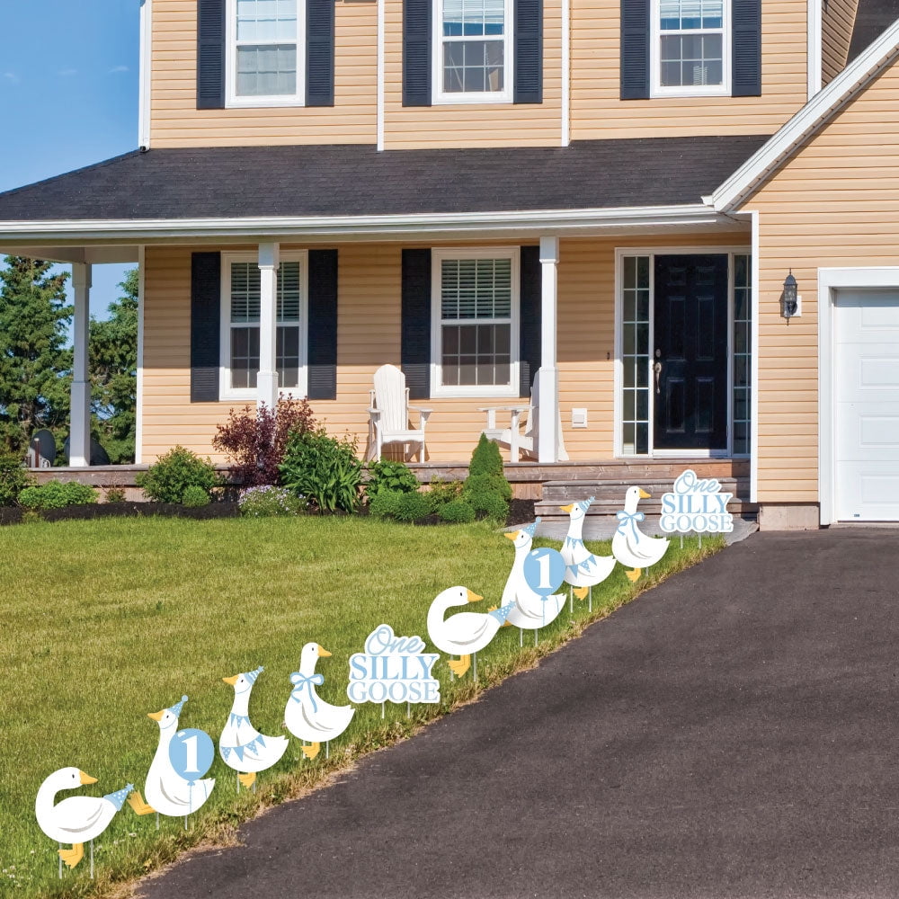 Big Dot of Happiness One Silly Goose Blue Outdoor Decorations, Boy 1st Birthday Party Lawn Ornaments, Goose-Themed Yard Signs with Stakes - 10 Piece Set