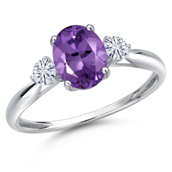 Gem Stone King 10K White Gold Purple Amethyst and White Moissanite 3-Stone Ring for Women | 1.35 Cttw | Oval 8X6MM | Gemstone February Birthstone | Size 7