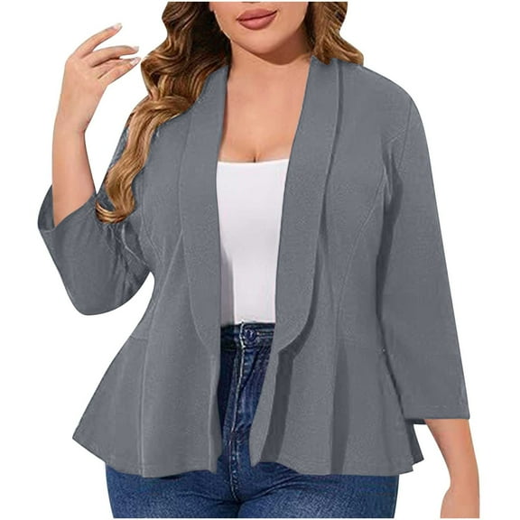 Women Plus Size Casual Blazer 3/4 Sleeve Open Front Work Office Cardigan Jackets Slim Fit Lightweight Formal Blazers