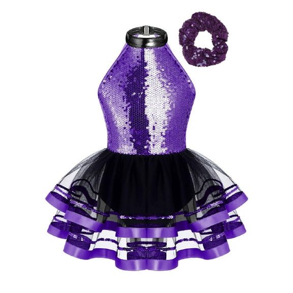 Doomiva Kids Girls Modern Jazz Latin Dance Dress Gymnastic Tutu Skirted Leotard Ballroom Dance Dress with Scrunchies Purple 6