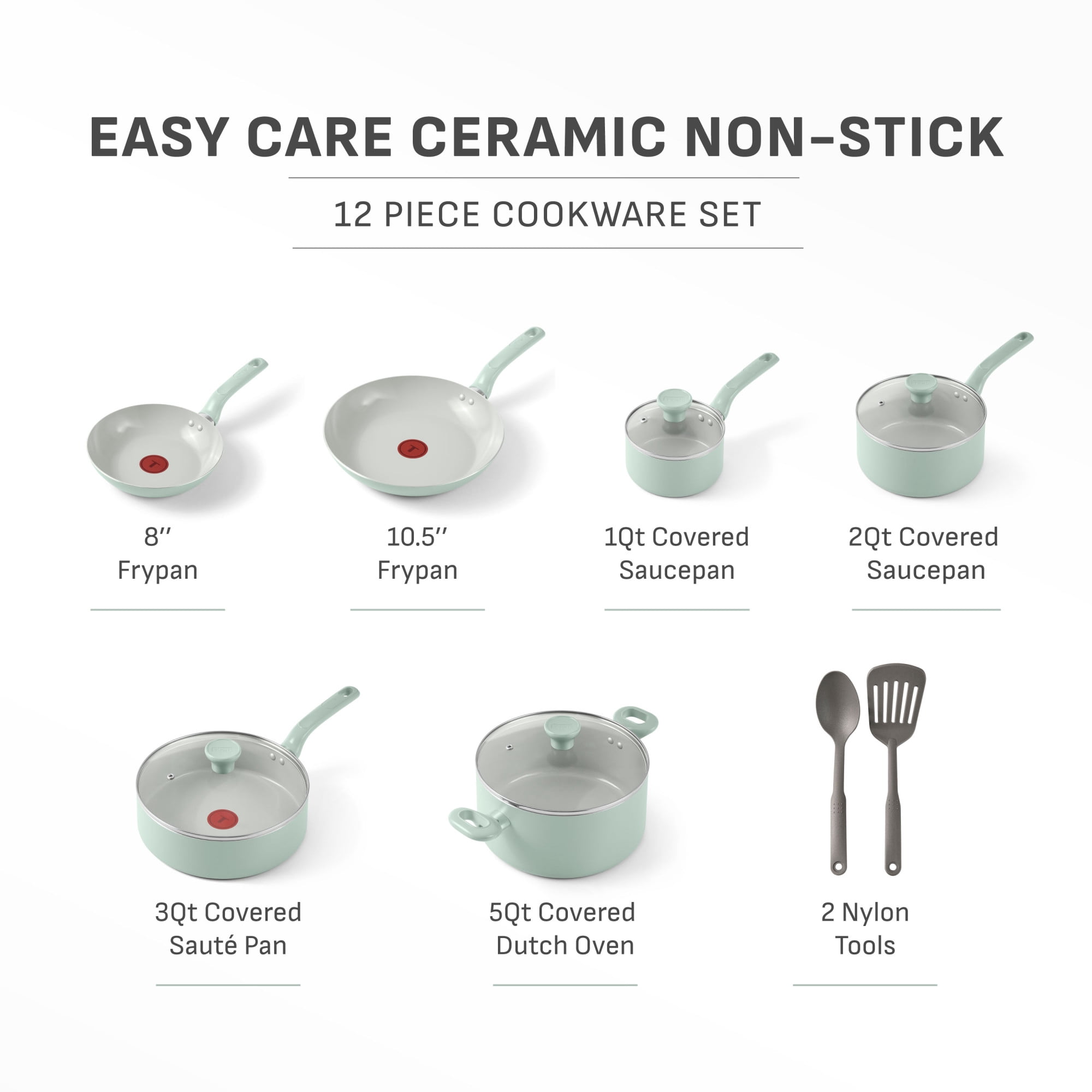 T-fal Easy Care 12 Piece Ceramic Nonstick Cookware Set, Pots and Pans, Mint Green