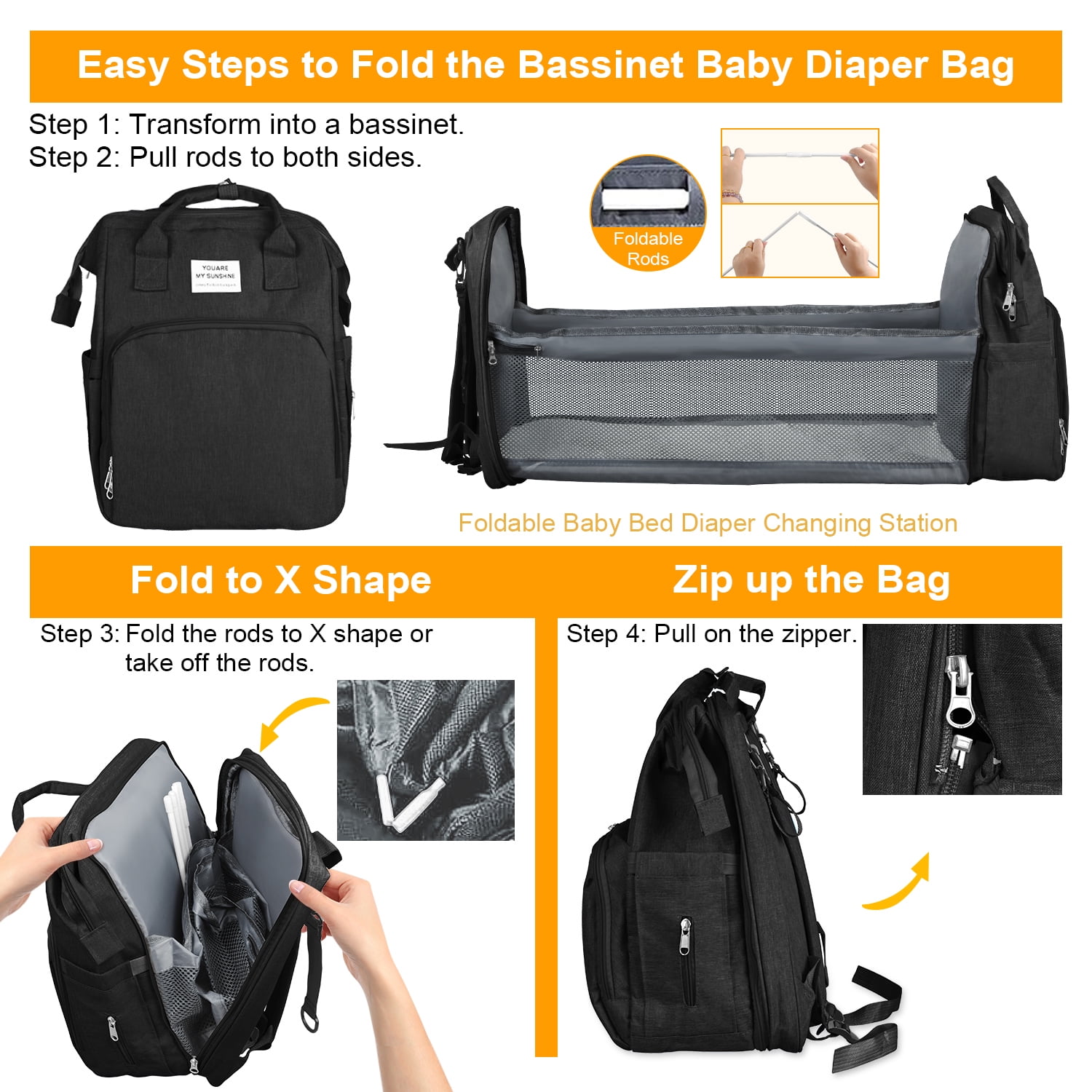 Diaper Bag Backpack,Multifunction Diaper Bag Backpack with Changing Station,Foldable Crib&Insulated Milk Bottle Pocket Large Capacity Baby Nappy Changing Bag Travel Backpack w/ Stroller Straps,Black