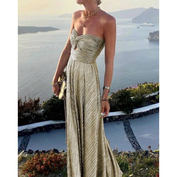 Champagne Metallic Strapless Evening Gown With Ruched Bodice And Maxi Skirt
