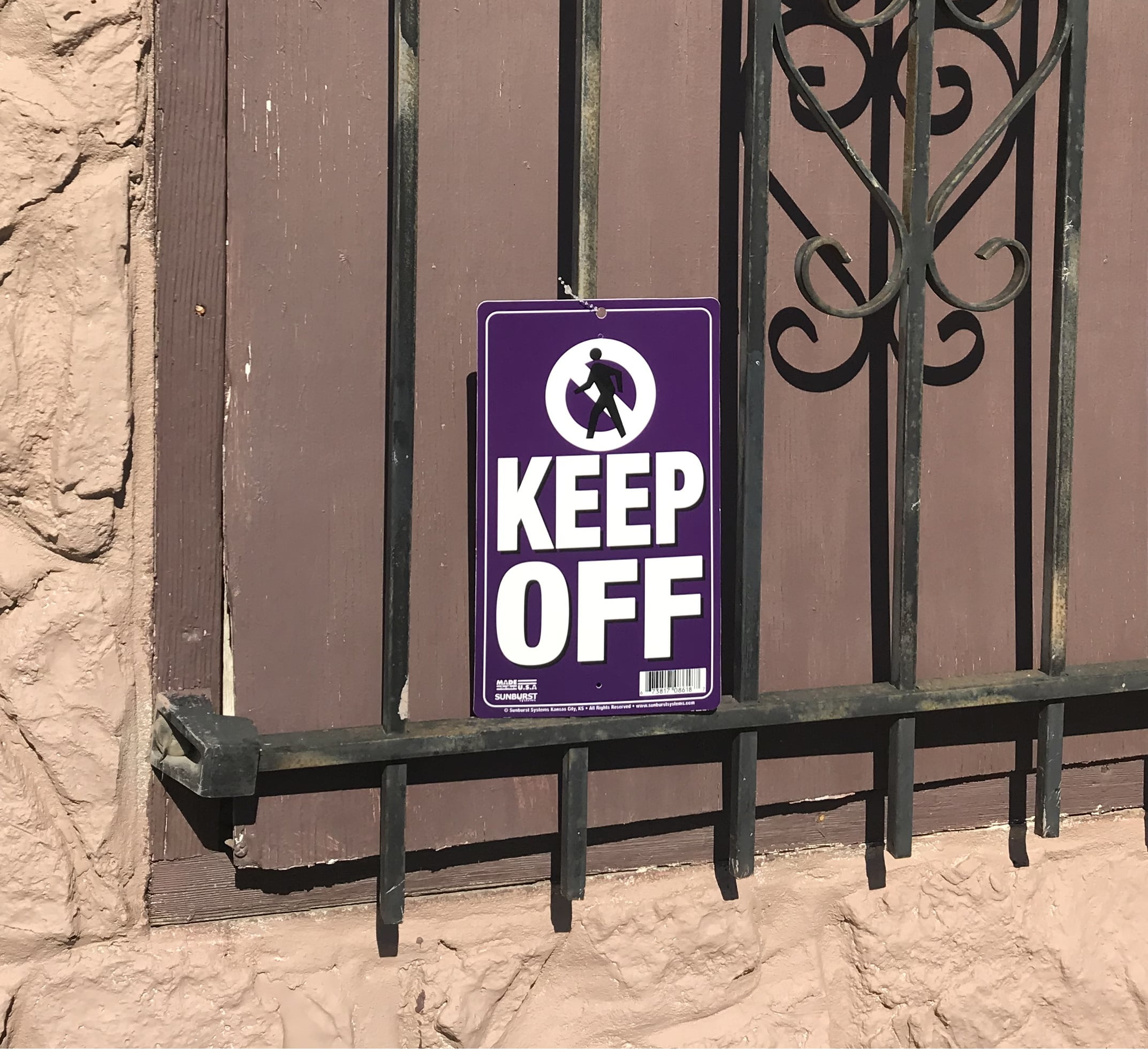 Sunburst Systems Keep Off Sign with Pre-Drilled Holes Plastic 6" W x 10" H White and Purple