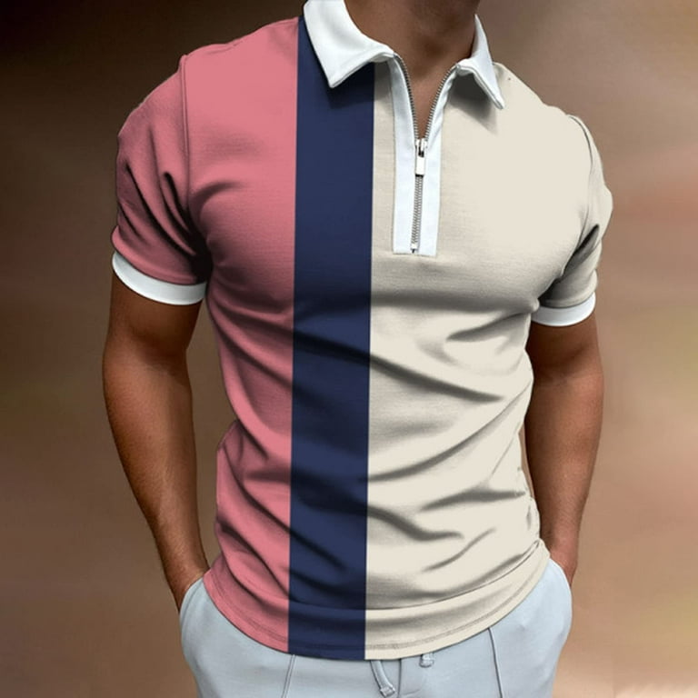 VSSSJ Men's Casual Shirts Plus Size Fashion Color Block Patchwork Zipper  Neck Lapel Collar Blouse Shirt Personality Stylish Summer Tee Pink XXXL