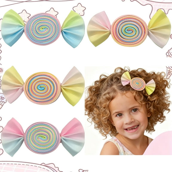 JoyBowie 4pcs 3.3 Inch Candy Hair Bows for Girls, 1.4 Inch Pastel Swirl Clips for Kids Party Daily Hairstyles