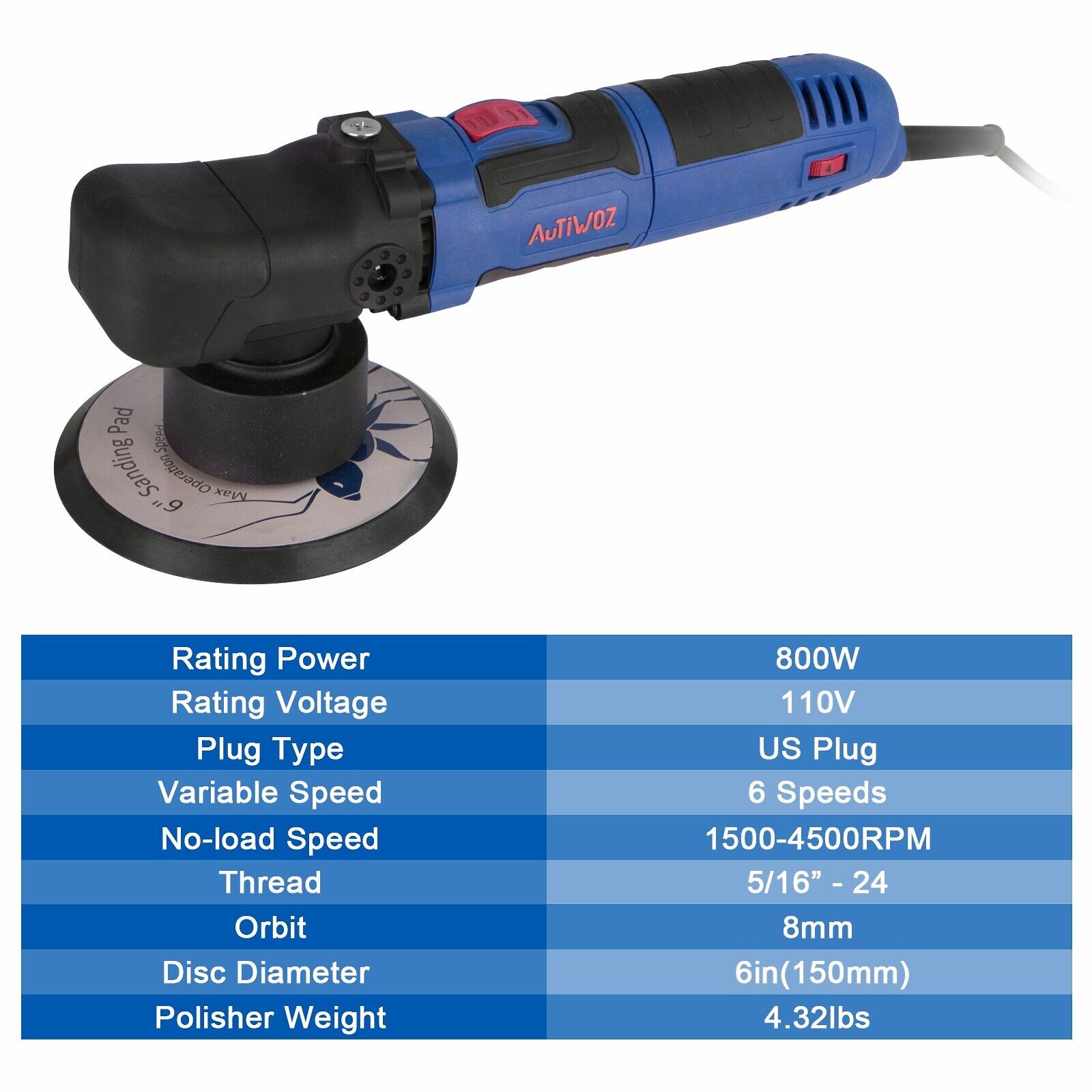 AUTIWOZ 6" Dual Action Electric Car Polisher Buffer Sander Waxer 4500 RPM 800W