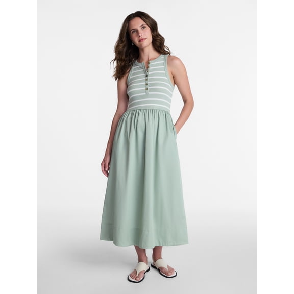 Time and Tru Women's Sleeveless Henley Midi Dress, Sizes XS-XXXL