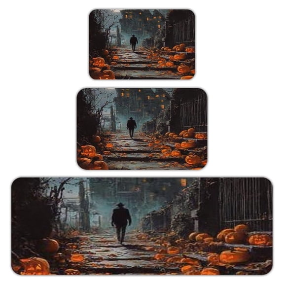 RKSupls Kitchen Rug Set 3 Piece Anti-Slip Flannel Floor Mats, Halloween House Washable Absorbent Runner Mats for Kitchen Bathroom Home Decor