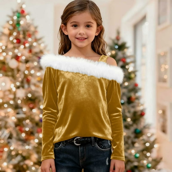 jobturf Velvet Tops for Girls Santa Faux Furs Trim Christmas Blouses Y2k Long Sleeve Shirts Fall Spring Fashion Off the Shoulder Sweater Size 4-14 Years