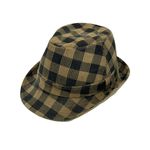 WITHMOONS Gingham Check Fedora Hat - Manhattan Trilby Corduroy Banded For Men Women LD61570 (Brown)