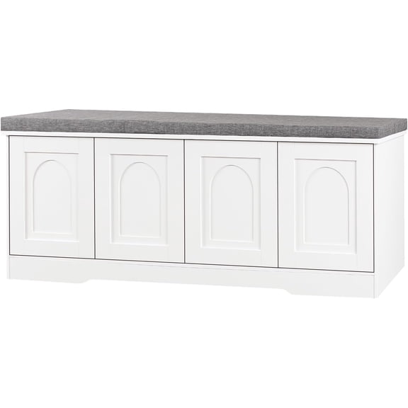 Shoe Bench, Entryway Storage Bench with Doors, Cushion, 2-Tier Shoe Rack with 8-Cubby, 47.2”L x 13.8”W Shoe Organizer Cabinet, Adjustable Shelf, Living Room, Bedroom, White